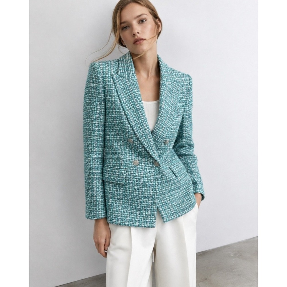 Zara Teal Blue Tweed Double-Breasted Blazer Womens Textured Small